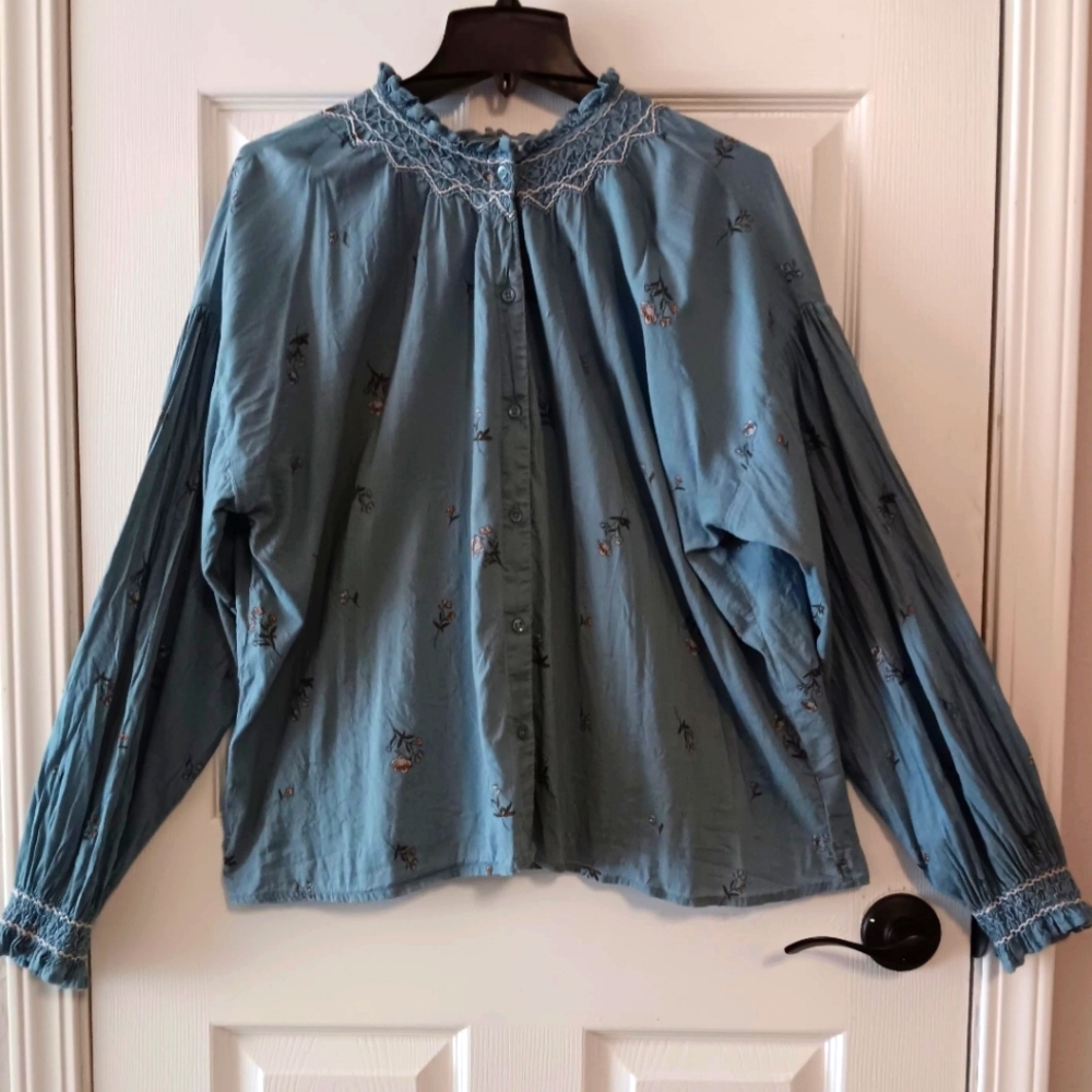 a.n.a Womens Chambray Peasant Button Front Blouse Shirt